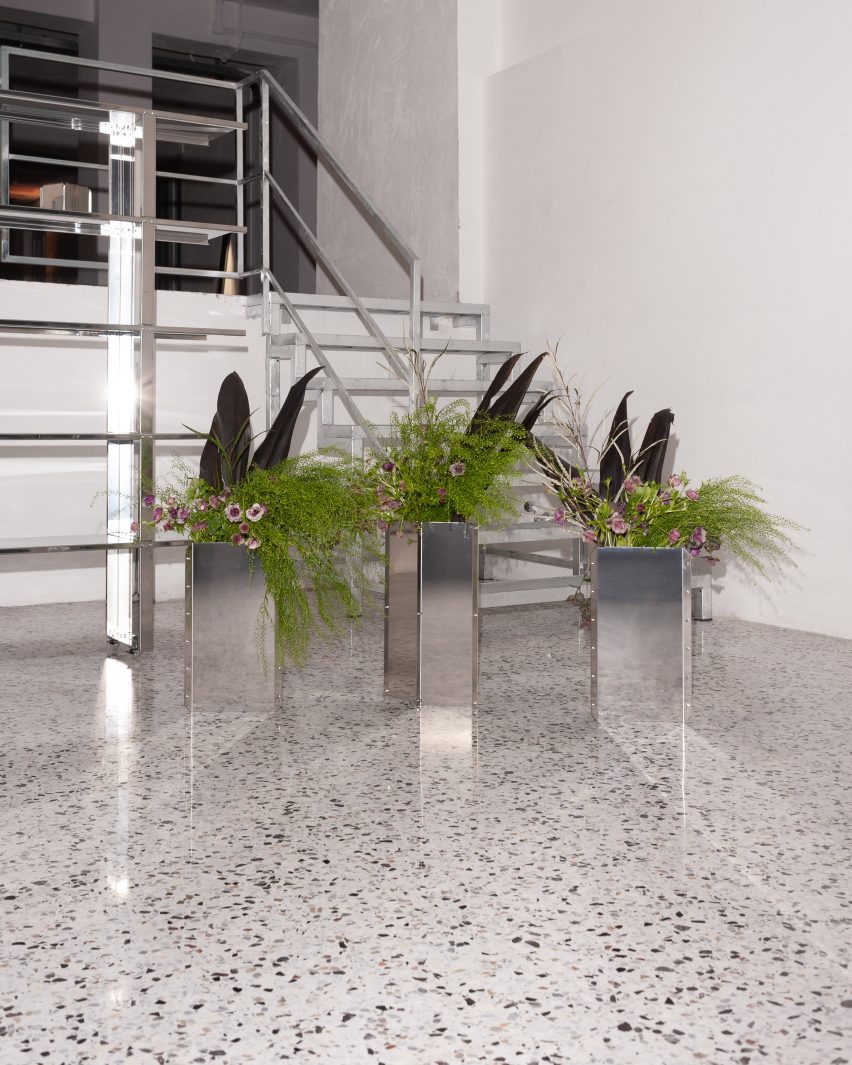 Steel planter filled with flowers