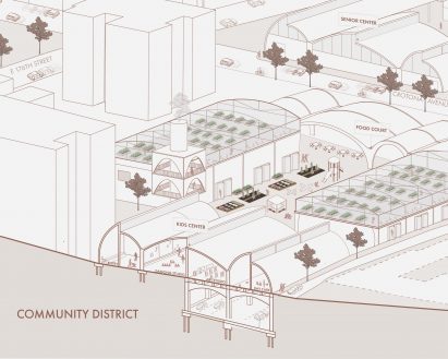 a diagram of buildings in tones of brown and white