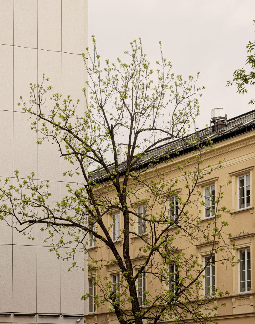 Facade of Puro hotel Warsaw with tree