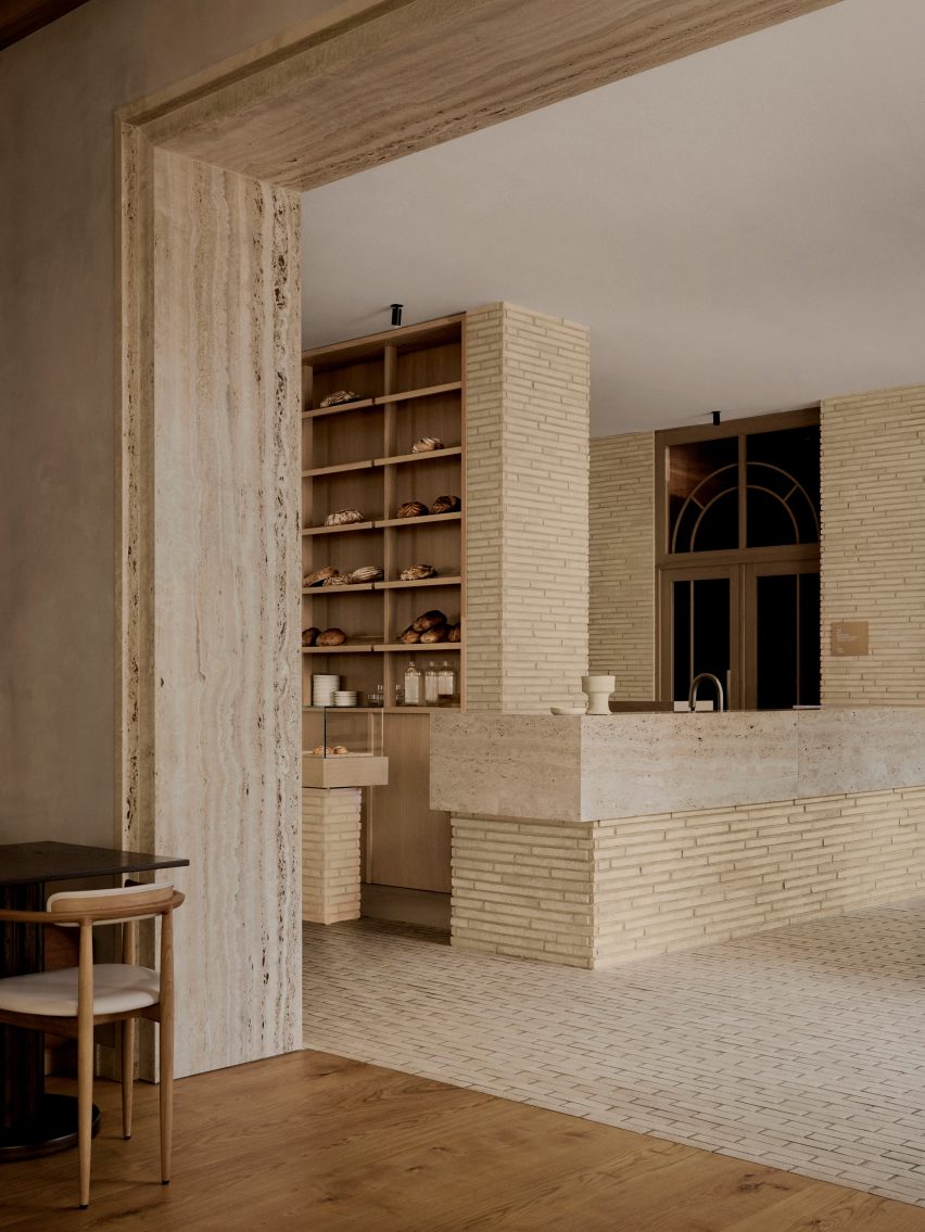 Brick floors, counters and walls in hotel bakery
