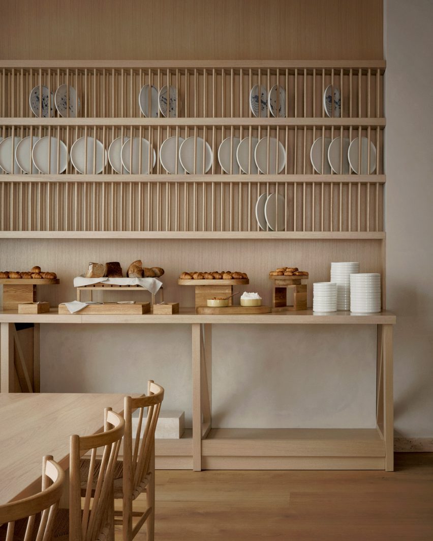 Bakery area with plates on display in Puro hotel