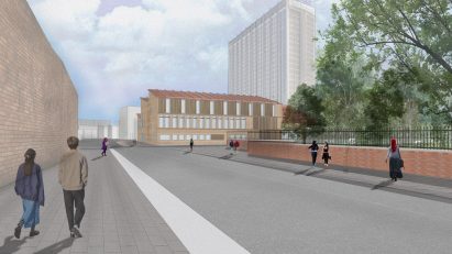 a visualisation of a street with a grey road leading to buildings