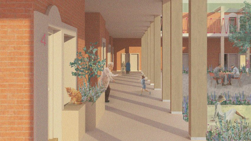 a visualisation of a brown brick building with people around it