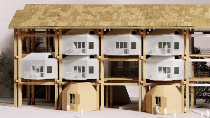 a photograph of an architectural model in tones of white and brown