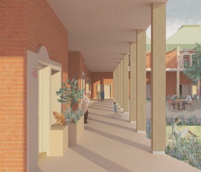 a visualisation of a brown brick building with people around it