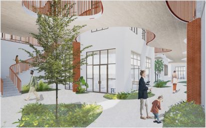 a visualisation of an outdoor space in tones of white and brown, with green trees around it