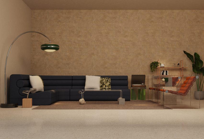 a photograph of a living room interior with a navy sofa against a brown wall