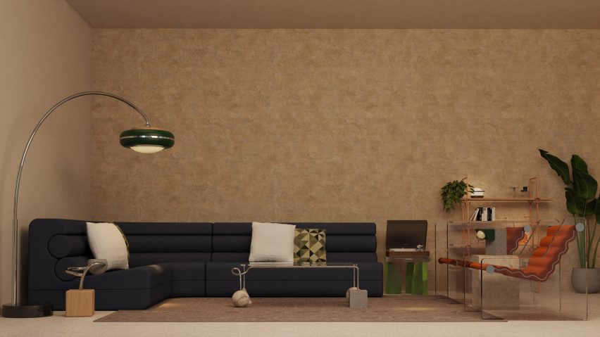 a photograph of a living room interior with a navy sofa against a brown wall