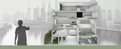 a visualisation of a white building design against a grey skyline