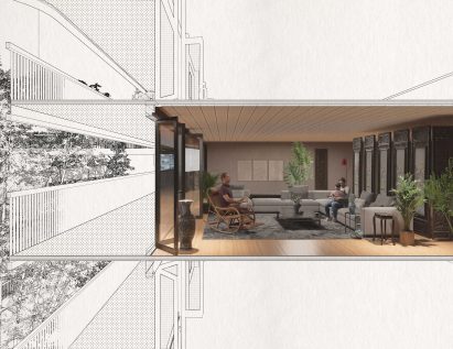 a visualisation of a building with a brown room