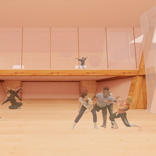 a visualisation of a room in tones of beige and pink