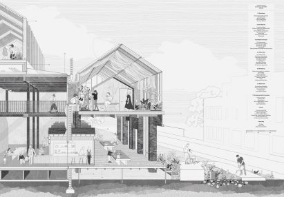 an architectural diagram of a building in tones of black and white