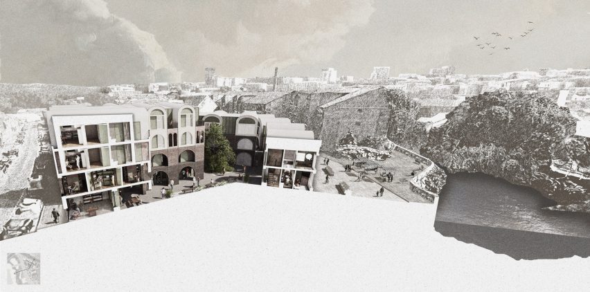 a visualisation of a snowy landscape with brown buildings
