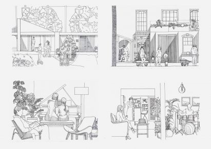 multiple illustrations in black against a white backdrop of buildings and interiors