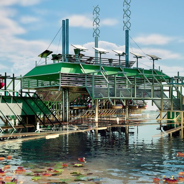 a visualisation of a climate research lab in tones of green