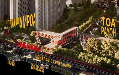 a visualisation of a city's infrastructure systems in tones of black, grey and red, with yellow text labelling sections