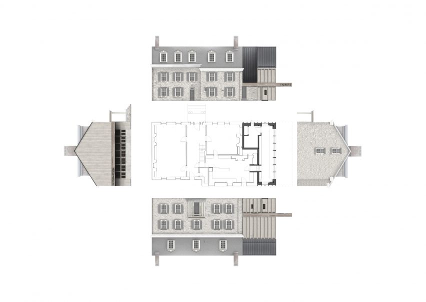 A plan of a stone building and extenstion