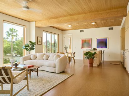 Apartment with wood-lined ceiling