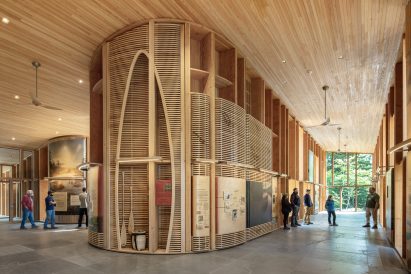 Deep walls housing exhibits about northern Maine's geography and Indigenous cultures