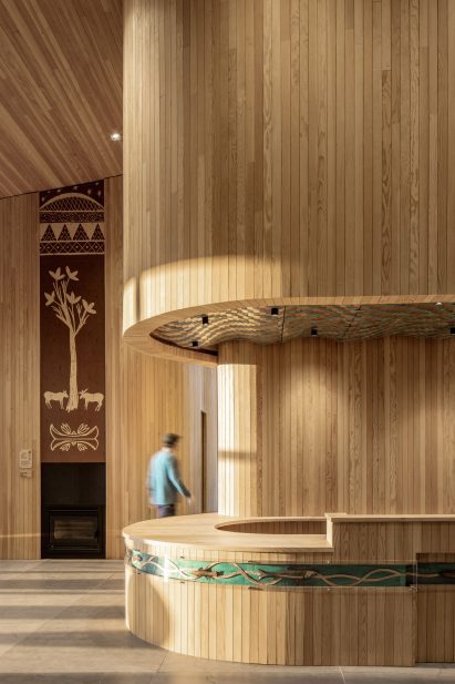 Interior lined with Douglas fir with works from local Indigenous artists