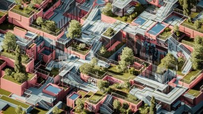 a visualisation of a building in tones of red and blue