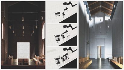 a visualisation showing a large hall alongside architectural diagrams 