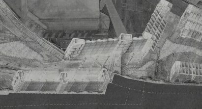 a diagram in tones of black and white of a building