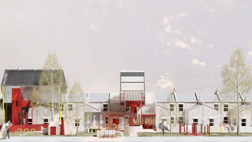 a visualisation of a row of houses in tones of beige and red
