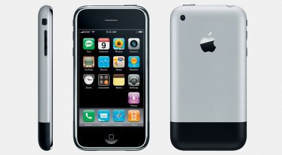 Promo image of the first iPhone seen from the front, back and side