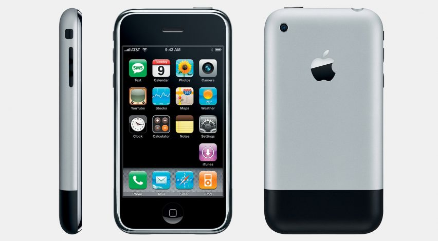 Promo image of the first iPhone seen from the front, back and side