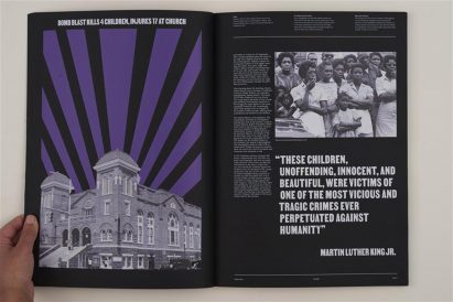 a photograph of an open book in tones of black, purple and white