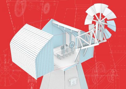 an illustration of an electricity-generating centre in tones of blue and white, against a red backdrop