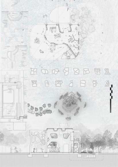 a diagram of a children's centre from above, in tones of white and black
