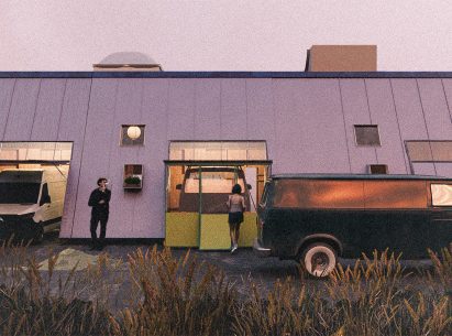 a visualisation of a building in tones of purple with vans outside it