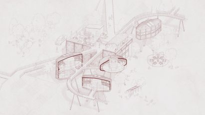 an architectural diagram in tones of white and red