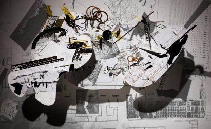 an abstract image representing a library archive in main tones of black and white
