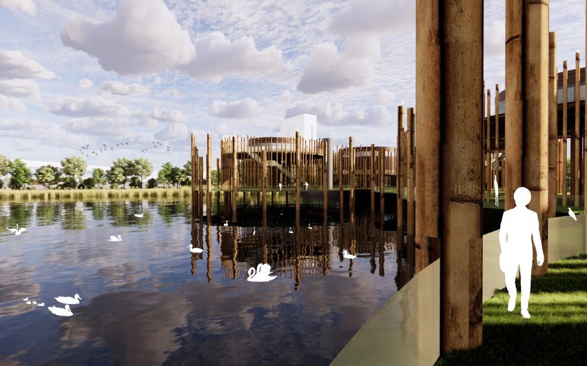 a visualisation of a wooden structure on a waterfront