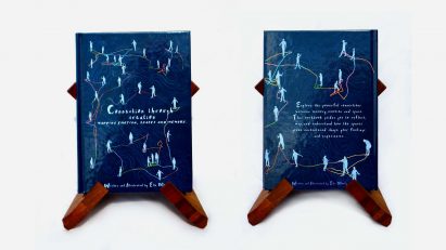 an image displaying the front and back of a book design in tones of blue
