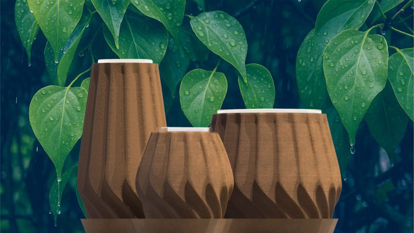 a digital image of three round vessels in tones of brown against a green leafy backdrop