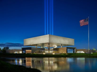 National Medal of Honor Museum at night with beacon lights