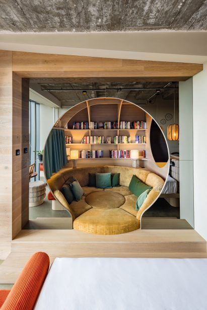 Conversation pit in 25hours Hotel Bikini Berlin 2025 renovation by Studio Aisslinger