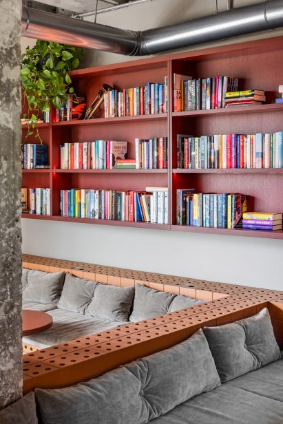 Brick seating area in lounge of 25hours Hotel Bikini Berlin