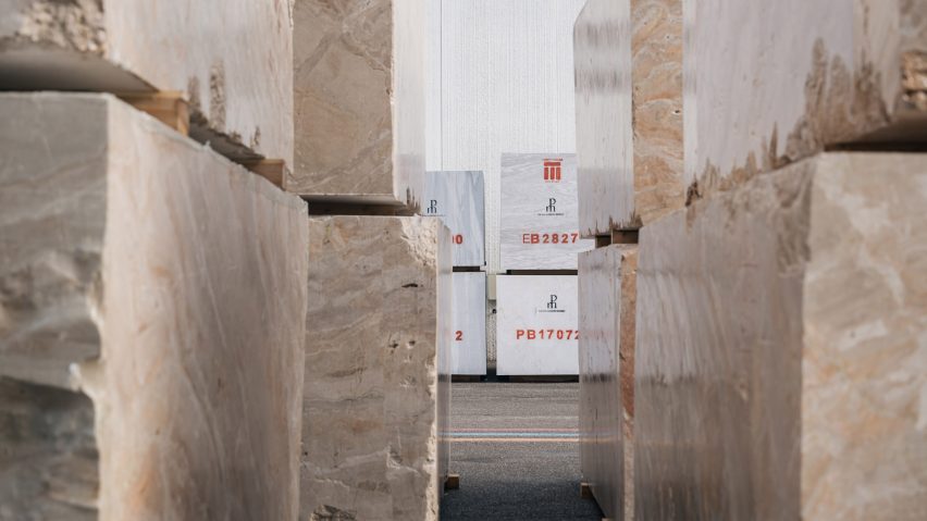 Photo of stone slabs in a warehouse