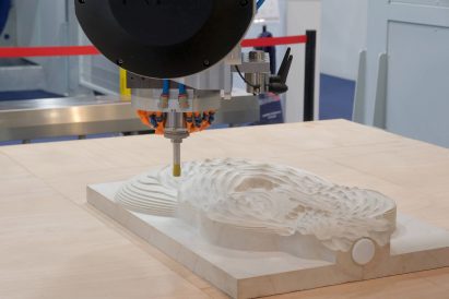 A machine cutting stone