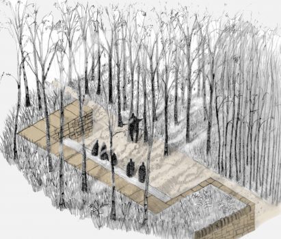 Illustration of brick wall, trees and figures
