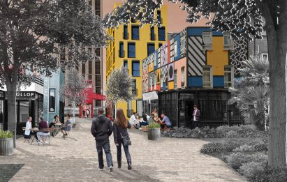 Graphic of people and buildings