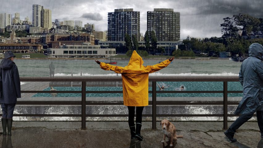 a visualisation of a person by a river in a yellow coat