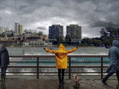 a visualisation of a person by a river in a yellow coat
