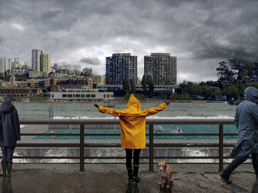 a visualisation of a person by a river in a yellow coat