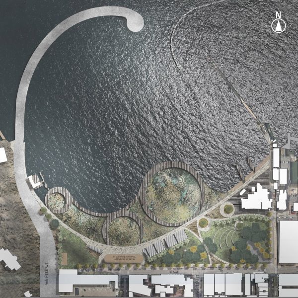 a visualisation of a river in tones of grey beside a green patch